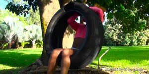 Ebony banged in swinging tyre outdoor (Kendall Woods)