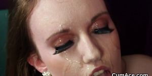 Foxy doll gets jizz load on her face swallowing all the cum