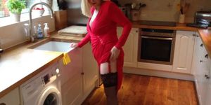 Big Tits Housewife In Black Stockings Plays With her Pussy In The Kitchen