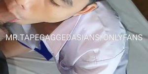 Thai student in school uniform blue shorts sucking my dick with nice eyes