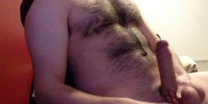 hairy body, big cock, jacking with two hands and cumming big loads