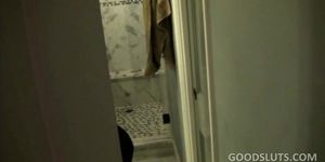 Brunette teen sucks horny shaft in bathroom