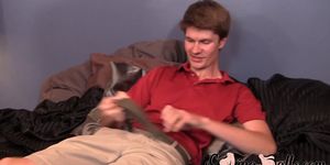 SWING BALLS - Young twink helps his friend masturbate and juggles his junk