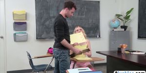 Blonde schoolgirl with incredible body gags on dick and gets fucked in classroom