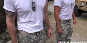 Military boys trying out a loaded cum gun in the locker room