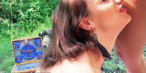 Young French beauty with amazing tits fucks in the woods.