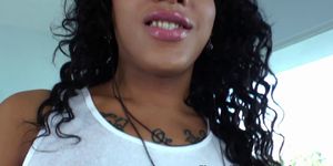 Busty ebony shemale tugging her pierced cock