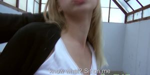 Pulled blonde babe with glasses riding cock