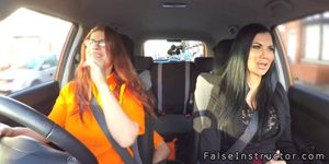 Busty babes threesome in driving school car - video 1