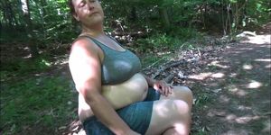 Smoking Showing Off Big Belly in Park with Cumshot on Tongue Frangelica PlanetFunCamp MILF Outdoors