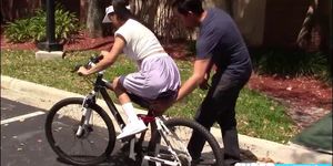 Petite slut teen Emily Mena rides bike and huge cock