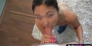 Asian girlfriend has fun with long dong in bedroom