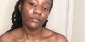 Busty thot oils her boobs and spits on them
