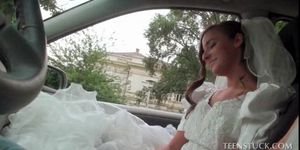 Nasty horny bride giving handjob to a stranger