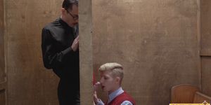 Priest lets twink touch his hard cock during confession