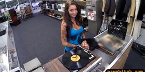 Busty tattooed woman sucks off and railed by pawn man