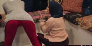Three muslim besties in hijabs giving head at a party