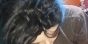 Hot blue haired bitch sucks cock