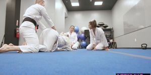 Kungfu teen BFFs fighting with a huge pleasure stick (Bella Rolland, Abigail Peach, Olivia Grey)