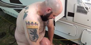 Chubby bear rimmed and drilled outdoors