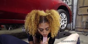 Ebony spinner bangs big cock in car shop (Kendall Woods)