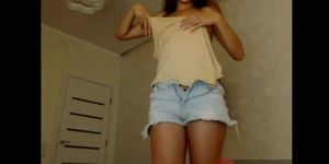 Fuckme face teen in short  jeans shows her pretty boobs and ass