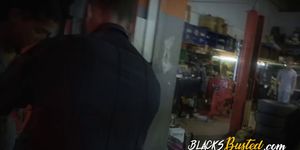Black suspect is caught fucking with two slutty MILFs at his workshop