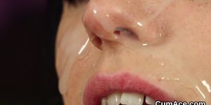Peculiar peach gets sperm load on her face swallowing all the ejaculate