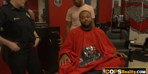 Slutty MILFs with big tits are fucking with a black criminal in this barbershop