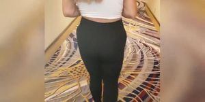 Walking down hotel hallway in see through leggings with thong with lucky guy im a slut