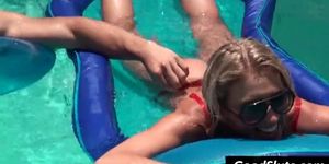 girl gives blowjob in pool while other are around