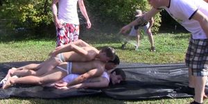 Straight college teens outdoors getting humiliated