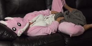 Bunny onesie girl masturbates with fleece blanket