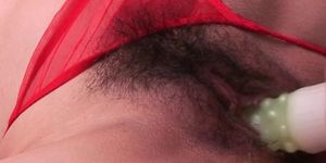 Hairy With red Bikini Screams Over Huge Dildo