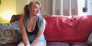 Blue Haired Barely 18 Teen First Ever Casting Porn with Pink Pussy and Thick Thighs.