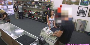 All natural huge tits Latina slurps a giant cock and gets slammed in the shop