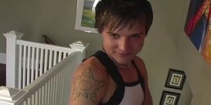 Hot and cute twink wanks his big fat dick in the corner