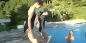 cute busty teen wear dissolve swimsuit in swimming pool