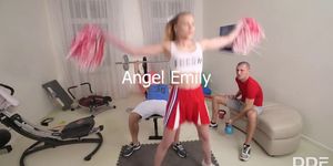Submissive schoolgirl Angel Emily gets ass & mouth with filled with 2 cocks