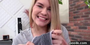 Glamorous teen is pissing and masturbating shaved twat - video 1