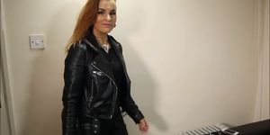 Rock Chick Posing in Leather Pants and Classic Leather Biker Jacket