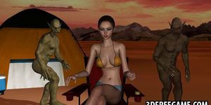 3D brunette double teamed outdoors by some goblins