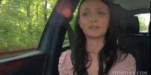 Cute brunette flashing tits in strangers car