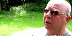Outdoor deepthroat and pussy licking with teen and grandpa