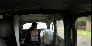 Huge tits brunette flashing in fake taxi