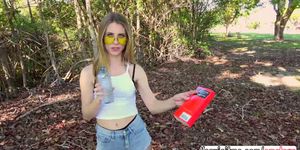 Sexy blonde teen Anya Olsen rides on a big dick guy outdoors