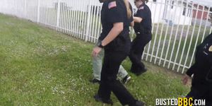 Perverted milf cops chase peeping tom through a field