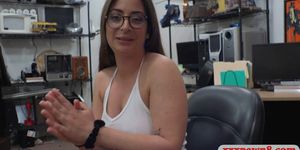 Babe with glasses gets fucked by pawn man in his office