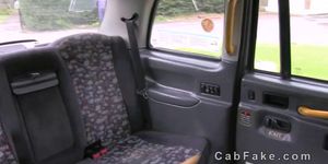 Brunette sucking huge dick and fucking it in fake taxi