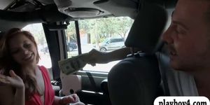 Big round eyes babe flashes boobs and fucked in the van